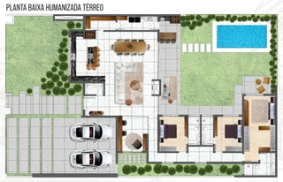 Planta baixa humanizada do térreo de uma residência em Lajeado, Brasil.