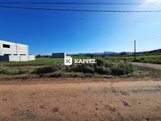 Vista externa de uma propriedade com vegetação e um edifício branco ao fundo sob um céu azul.