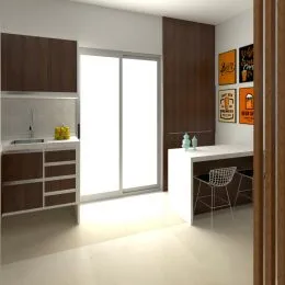Sala de estar com armários de madeira escura e iluminação natural.