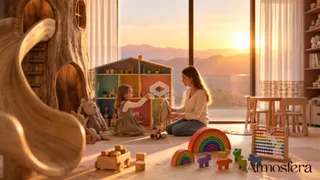 Foto de uma sala de estar com uma mulher e uma criança interagindo com brinquedos em frente a uma grande janela.