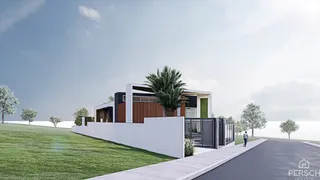 Fachada moderna de uma residência em Lajeado, Brasil, com paisagismo e área externa.