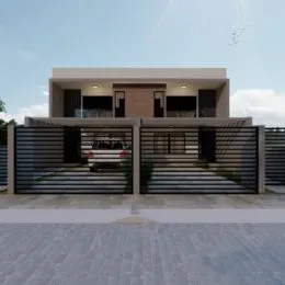 Fachada frontal de uma casa moderna com escadaria de acesso.