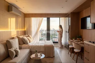 Sala de estar com vista para o exterior em um imóvel no Brasil.