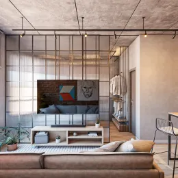 Sala de estar com estrutura de metal e sofá moderno.