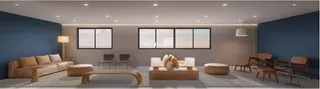 Sala de estar moderna com grandes janelas e decoração clara.