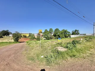 Uma estrada de terra leva a uma área de campo com vegetação.