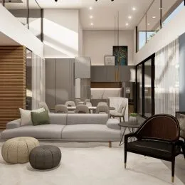 Sala de estar moderna com sofá e iluminação clara em um ambiente interno.