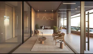 Sala de estar moderna com grandes painéis de vidro e piso claro.