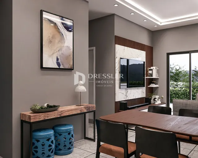 Ambiente interno de sala de jantar com mesa de madeira e decoração moderna.