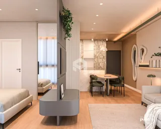 Ambiente moderno com piso de madeira e parede de pedra em um apartamento.