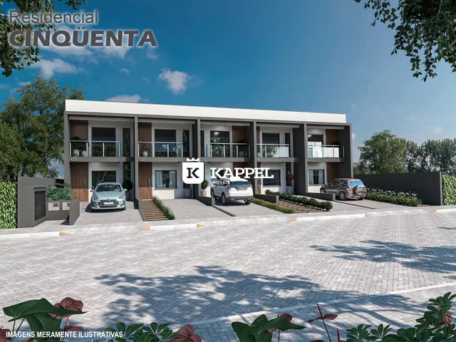 Fachada de uma casa moderna com jardim e garagem em Lajeado, Brasil.
