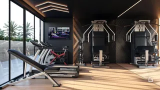 Foto de uma academia moderna com equipamentos de musculação.