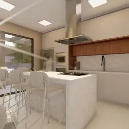 Foto de uma cozinha com armários de madeira e bancada clara.
