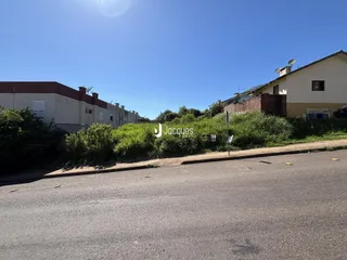 Vista externa de casas em Lajeado, Brasil, com vegetação alta ao longo da rua.