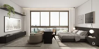 Sala de estar moderna com grandes janelas no imóvel.