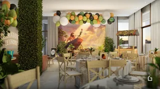 Ambiente interno decorado com mesa posta em um espaço residencial.