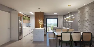 Sala de estar com cozinha e mesa de jantar em um apartamento moderno.