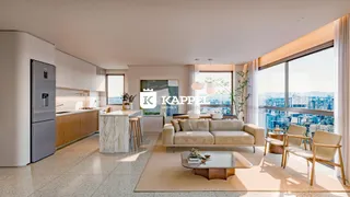 Sala de estar moderna com vista panorâmica da cidade.