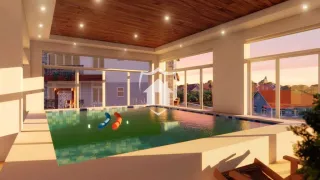 Vista de uma área externa com piscina e grandes janelas de uma residência.