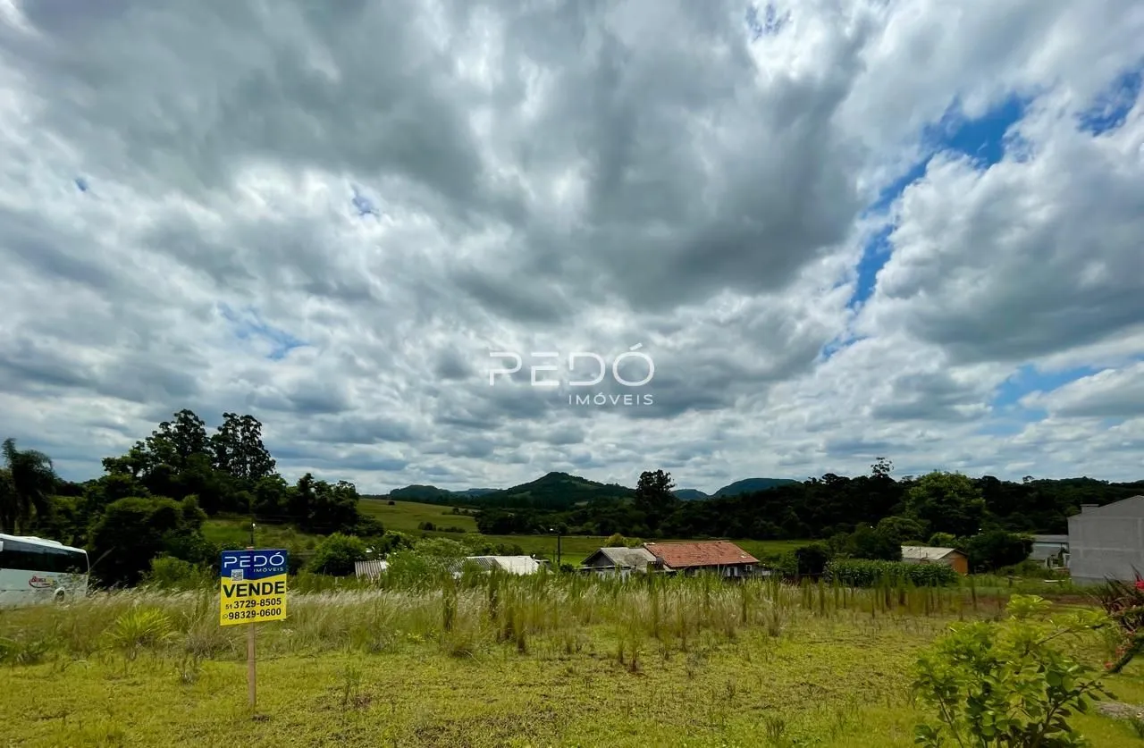 Paisagem de campo com colinas ao fundo sob um céu nublado.
