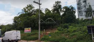 Vista externa de uma propriedade com vegetação densa e sinalização de venda.
