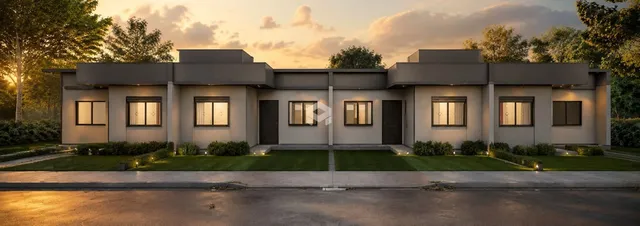 Fachada moderna de uma residência em Lajeado, Brasil, capturada ao pôr do sol.