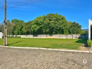 Vista externa da propriedade com gramado e muro de divisa.