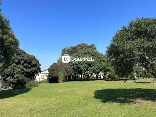 Vista externa de um gramado verde com árvores sob um céu azul.