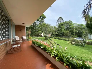 Vista de um pátio com jardim e vegetação exuberante.