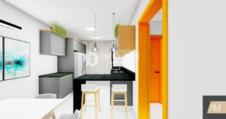 Sala de estar moderna com paredes brancas e detalhes em laranja.