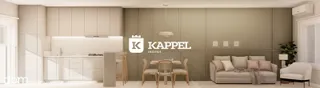 Ambiente interno com cozinha e sala de jantar em um apartamento moderno.