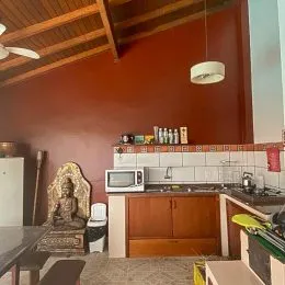 Foto de uma cozinha com armários e teto de madeira.