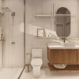 Banheiro com revestimento de azulejos brancos e espelho.