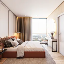 Quarto com cama e vista para a cidade.