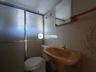Banheiro com pia de cor terracota e vaso sanitário branco.