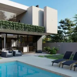 Foto da área externa com piscina e espreguiçadeiras em uma residência.