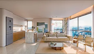 Sala de estar moderna com vista para a paisagem urbana.