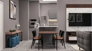Imagem de uma sala de jantar moderna com mesa de madeira e cadeiras.