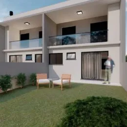 Fachada de uma residência branca com jardim verde e varanda.