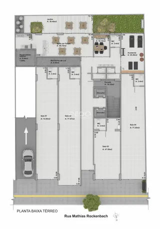 Plano de planta do térreo de uma residência na Rua Mathias Rockenbach.