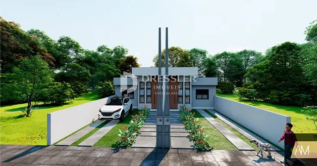 Fachada moderna de uma residência com jardim em Lajeado, Brasil.