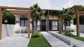 Fachada moderna de uma residência com paisagismo e pergolado.