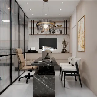 Uma sala de estar moderna com divisórias de vidro e estantes.