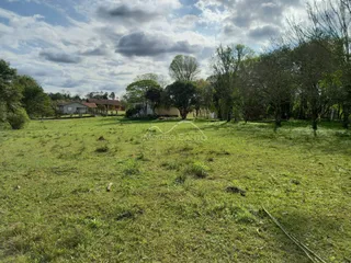 Vista externa de um terreno gramado com árvores ao fundo.