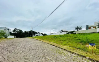 Vista da rua pavimentada e área gramada de uma propriedade em Lajeado, Brasil.