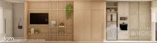 Parede com painéis de madeira e estantes em um ambiente interno.