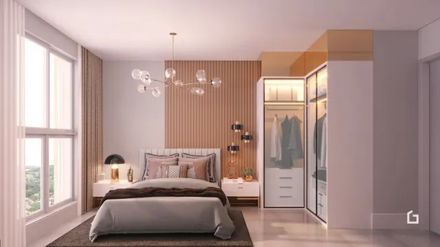 Quarto com cama e janela em ambiente interno.