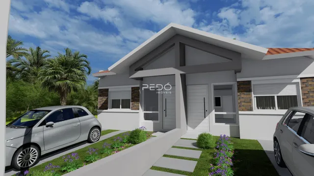 Fachada de uma residência moderna em Lajeado, Brasil, com jardim frontal.