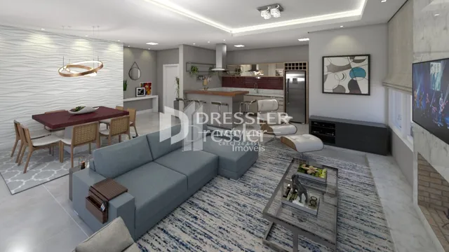 Sala de estar moderna com sofá cinza e piso claro.