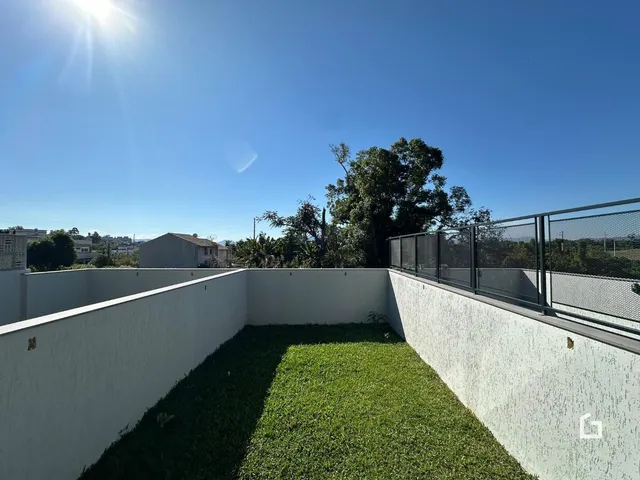 Vista externa de um quintal com muro branco e gramado verde.